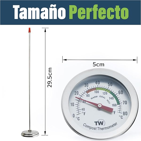 Termómetro de compost, termómetro de esfera de acero inoxidable, para compostaje en el hogar y el patio trasero, 50 mm de diámetro, esfera C & F - 2