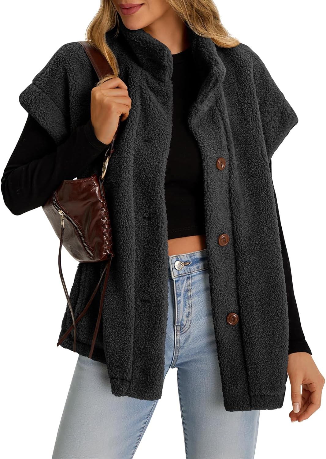 Tanakneo Womens Oversized Fleece Vest Sleeveless Fuzzy Sherpa Jacket Trendy Casual Button Down Warm Vests Outerwear