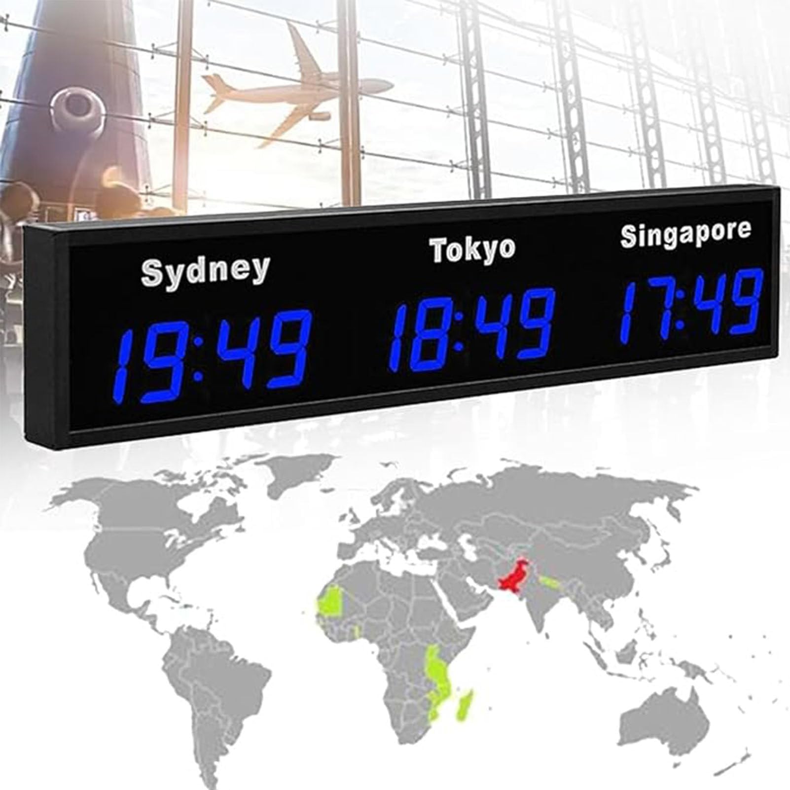 Wall Mounted World Clock, 3/4/5 City Time Zone LED Digital World Time Wall Clock Indoor Multi Time Zone World Wall Clock for Multinational Enterprises/Office/Home/Living Room/School,Blue-3City