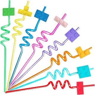 24 Pcs Building Blocks Party Favors Drinking Straws - 8 Colors Reusable for Kids Adults Birthday Party Decoration Supplies With 2 Cleaning Brushes