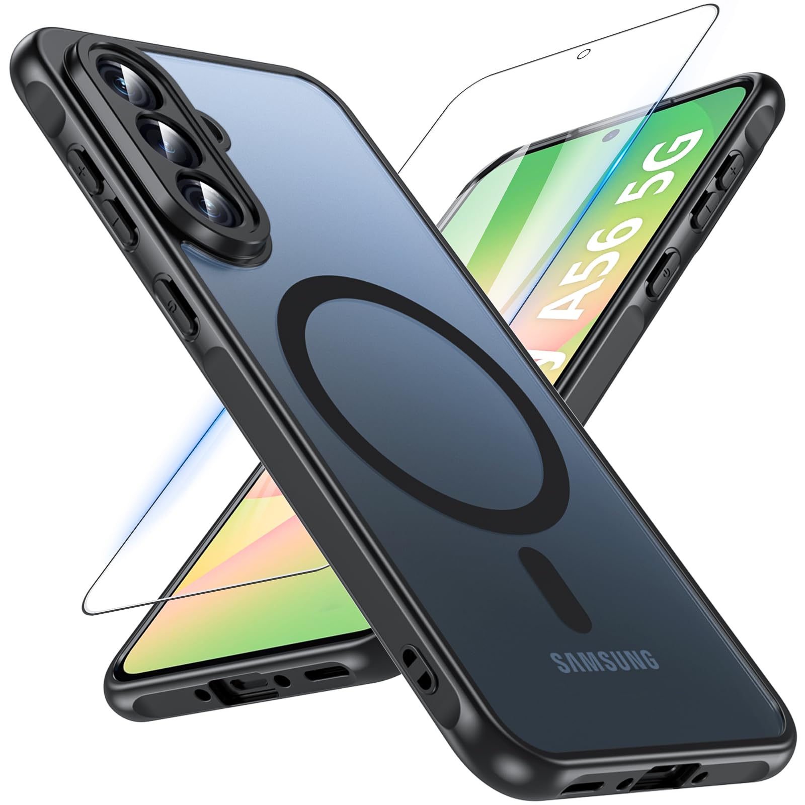 BESINPO Magnetisch Für Samsung Galaxy A56 5G Hülle mit Panzerglas Glas,Militärschutz Handyhülle für A56 mit MagSafe Matt Transluzente Robust Schutzfolie Schutzhülle Case Cover für Samsung A56(Schwarz)