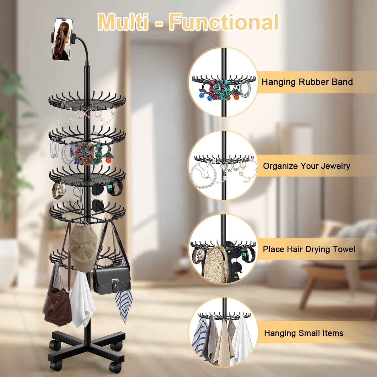 Braiding Hair Rack Standing Hair Extension Holder - 140 Pegs Braiding Hair Rack & Divider Stand with Phone Holder for Displaying and Separating Hair