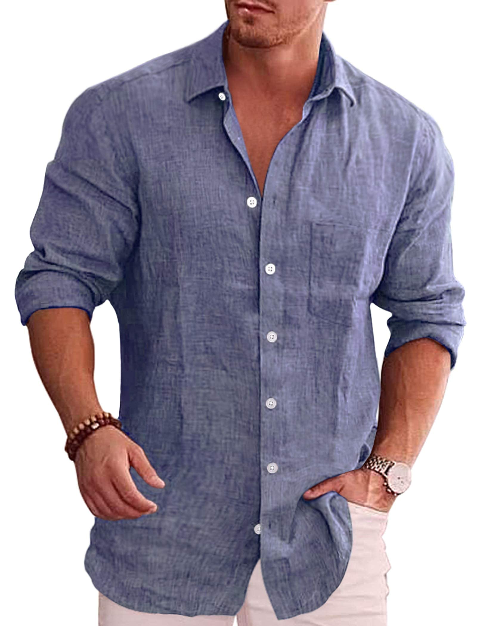 COOFANDYMen's Casual Button Down Shirt Long Sleeve Linen Chambray Shirt