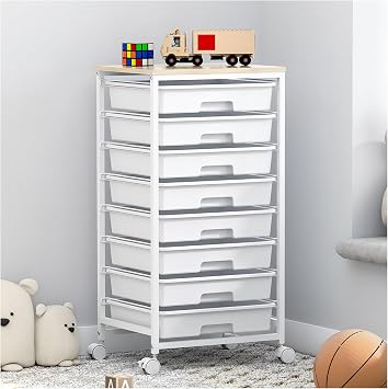 SYKIARIOL 8 Drawers Storage Trolley, Utility Storage Cart on Lockable Wheels with Plastic Drawers, Multipurpose Mobile Organizer Unit for Living Room,Bedroom,School,Beauty, Nature White