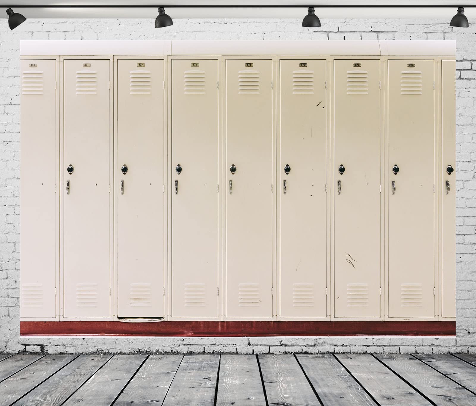 CORFOTO 7x5ft Fabric White Locker Room Photography Backdrop Wardrobe Background Storage Cabinet in Gym Decorations Changing Room Decor School Locker