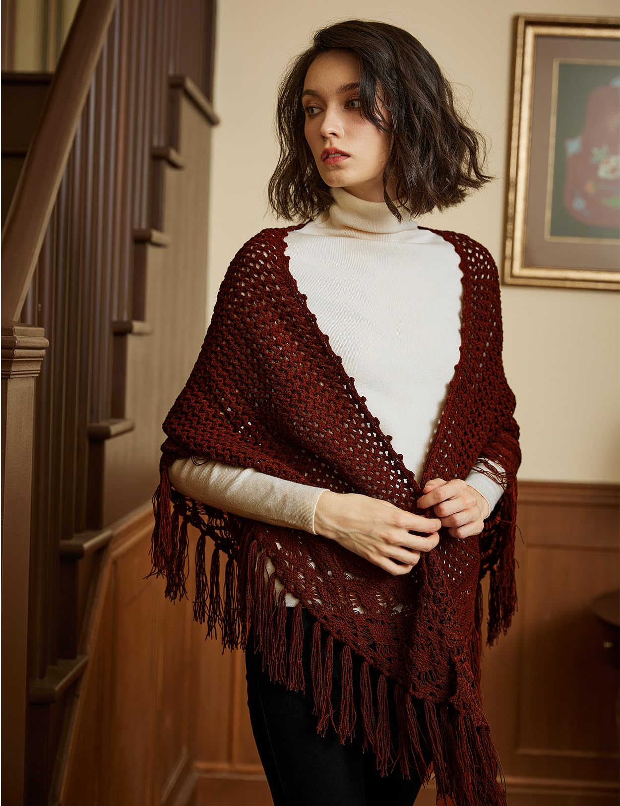 BEAUTELICATE Scialle all'uncinetto Donna Caldo Sciarpa Maglia Triangolare Lunga Frange Stole per Autunno Inverno