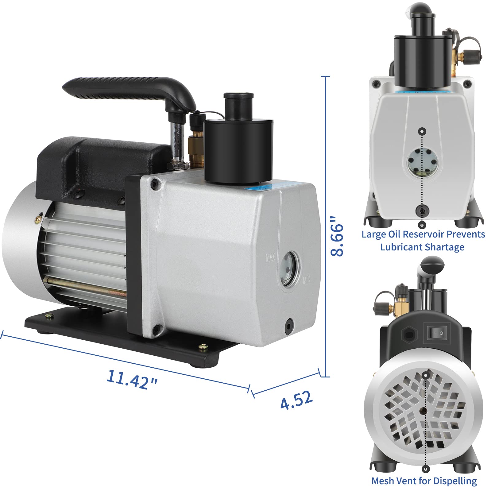 GYZJ 5CFM Dual Stage Vacuum Pump (1/4" or 3/8" Inlet Por,1/2 HP,0.3 PA