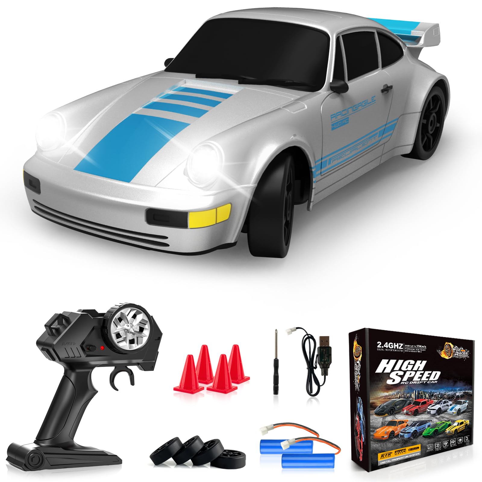 RC Drift Car Remote Control Car 2.4GHz 1/24 4WD 15KM/H High Speed Racing Sport with LED Lights Drifting Tire Racing Sport Toy for Adults Boys Girls Kids Gift 2Pcs Rechargeable Batteries