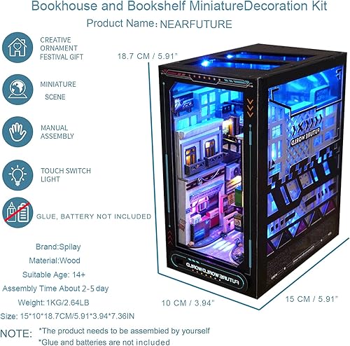 Miniatura 18 de Spilay Kit de montaje de rincón de libros en miniatura para casa de muñecas, rompecabezas de madera 3D con luz sensor, kit de creatividad para Libro