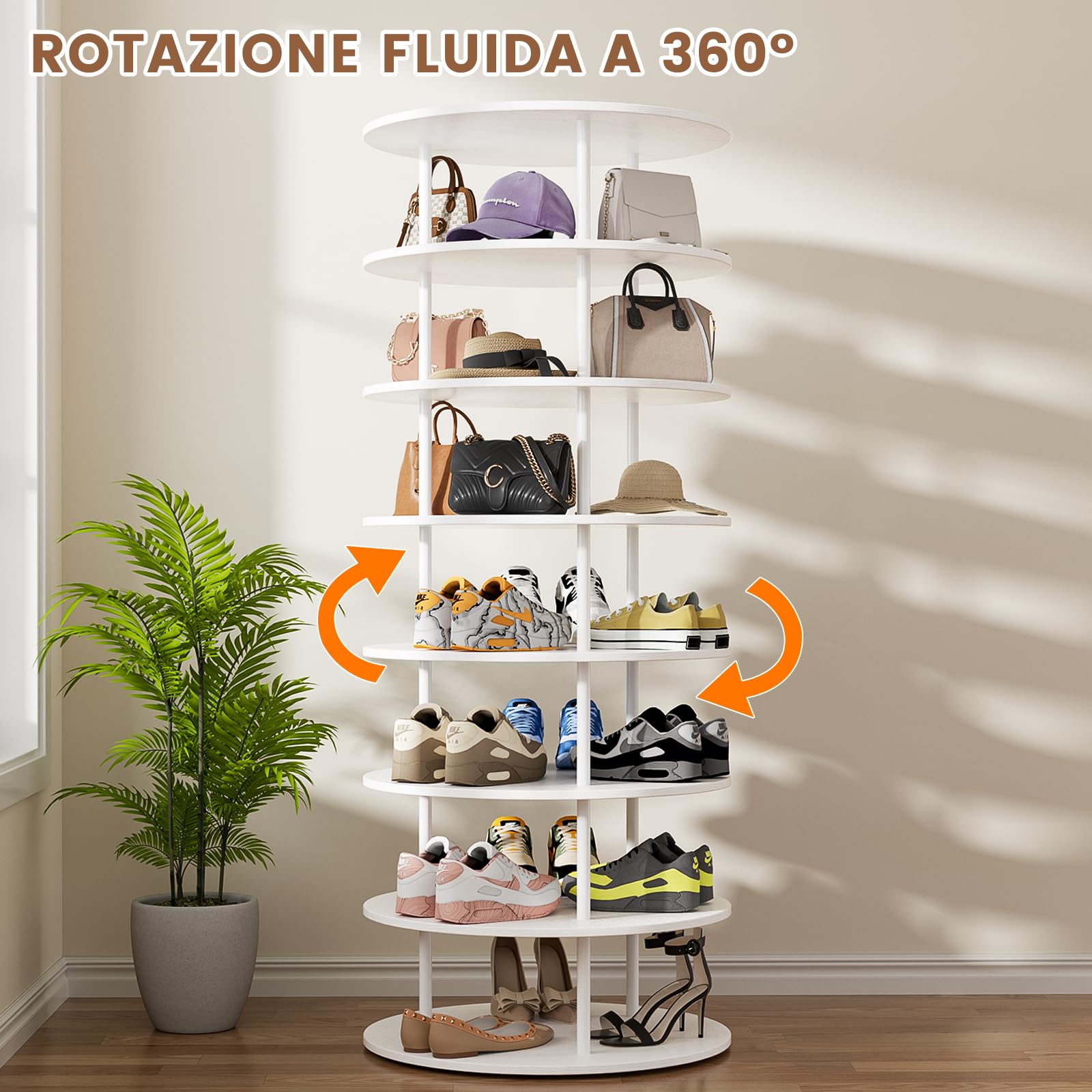 Scarpiere Rotante a 360°, Scaffale Scarpe a 7 Livelli per Mostrare Scarpe e Borse, Risparmio di Spazio, Ideale per Soggiorno e Camera da Letto, Portaoggetti, Bianco