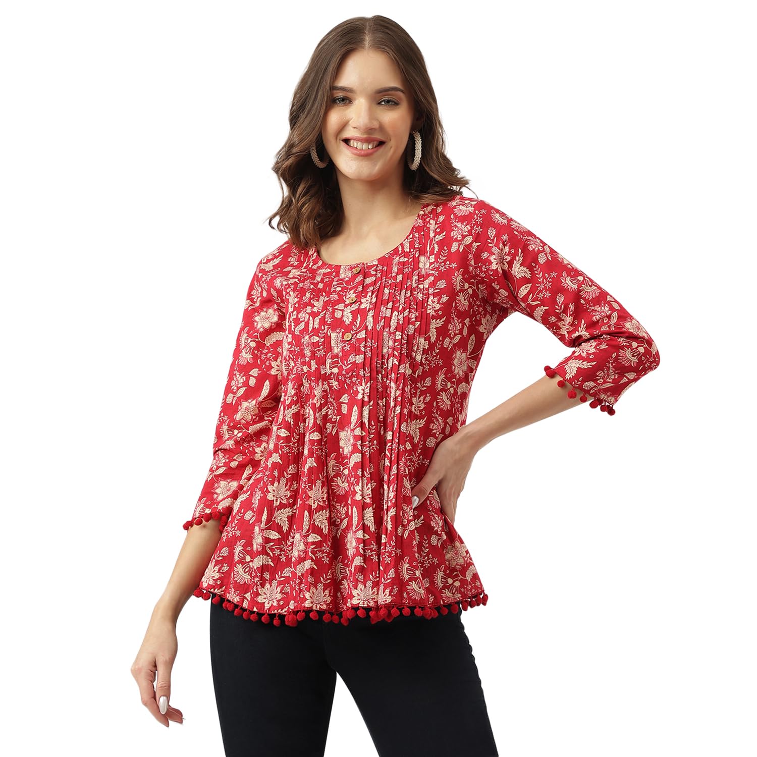 divena Maroon Rani Pink Floral Printed Cotton Peplum Top-picture-12
