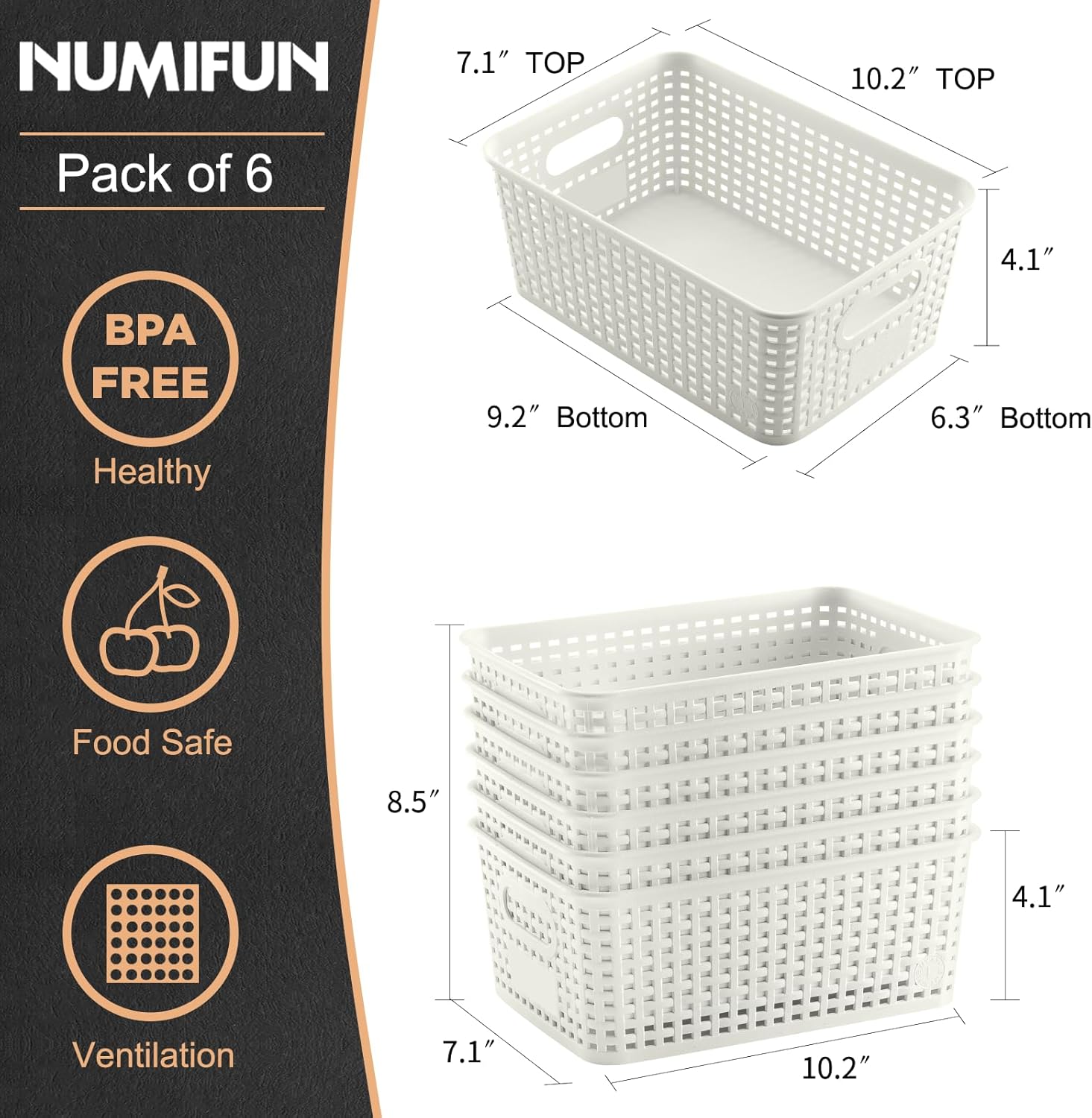Plastic Storage Baskets 6 Pack Sturdy Storage Organizer Basket Woven Plastic Storage Bins for Shelves,Closet,Countertops, Desktops, Cabinets and Badrooms,Saving Storage, Stylish Design,White