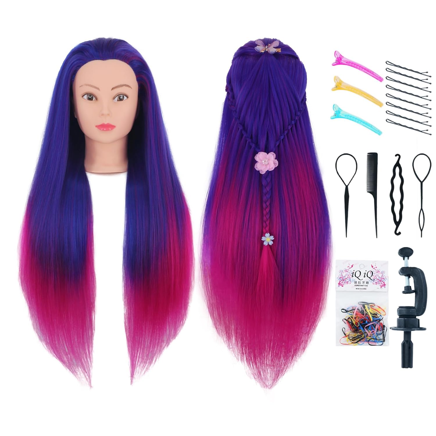 Mannequin Head with Hair 29" Doll Head for Hair Styling for Cosmetology Training With Clamp Holder and Styling Tools (Blue & Hot Pink)