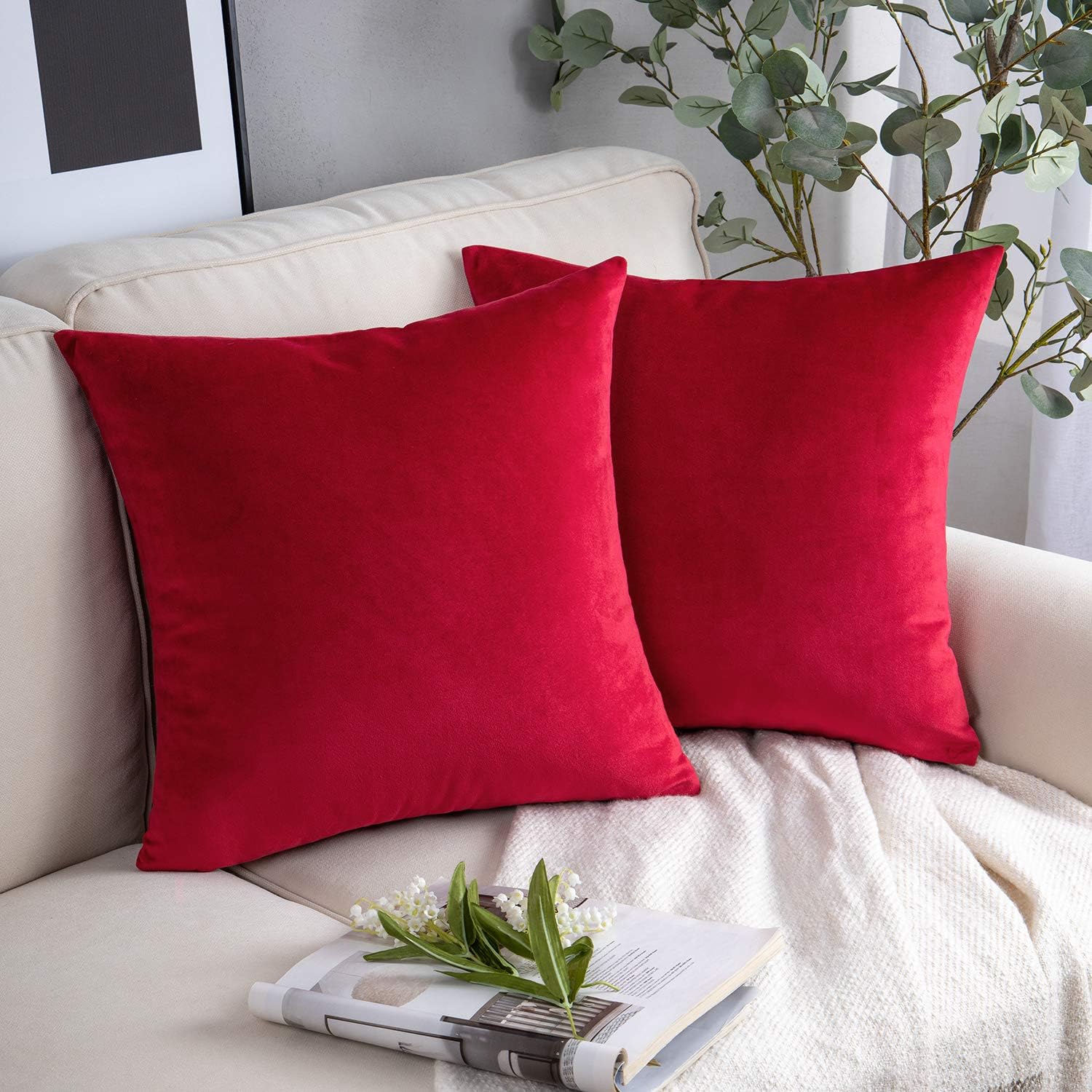 Phantoscope Pack of 2 Christmas Velvet Decorative Throw Pillow Covers Soft Solid Square Xmas Cushion Case for Couch Wine Red 18 x 18 inches 45 x 45 cm
