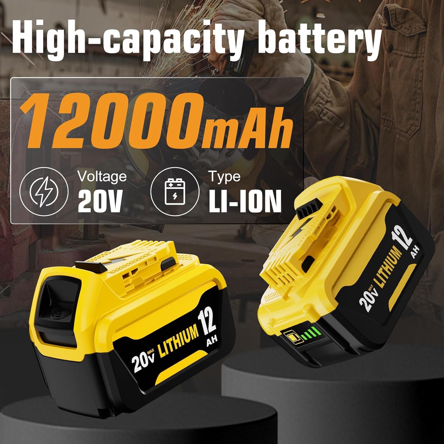 2 Pack 12000mAh High Capacity DCB206 Replacement for Dewalt 20V MAX Battery 12.0Ah and DCB107 Charger Combo Compatible with Dewalt 20V Battery Lithium DCB207 DCB204 DCB200 Power Tool (3Pack)