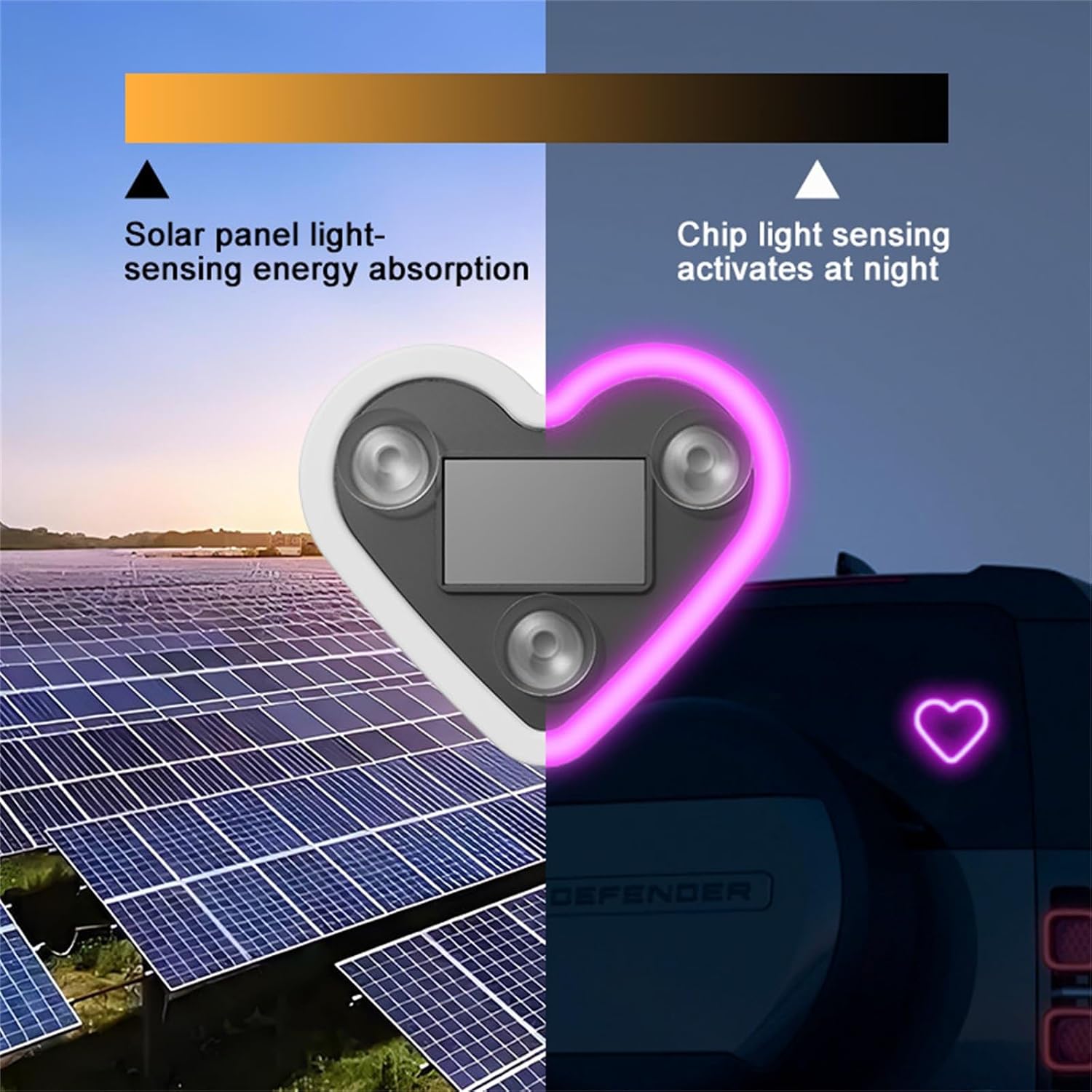 2Pcs LED Love Ambient Lighting Car - 7 Colors Solar-Powered Heart-Shaped LED Neon Light with 8 Modes, IP65 Waterproof, for Romantic Car Interior and Valentines Day Decorations