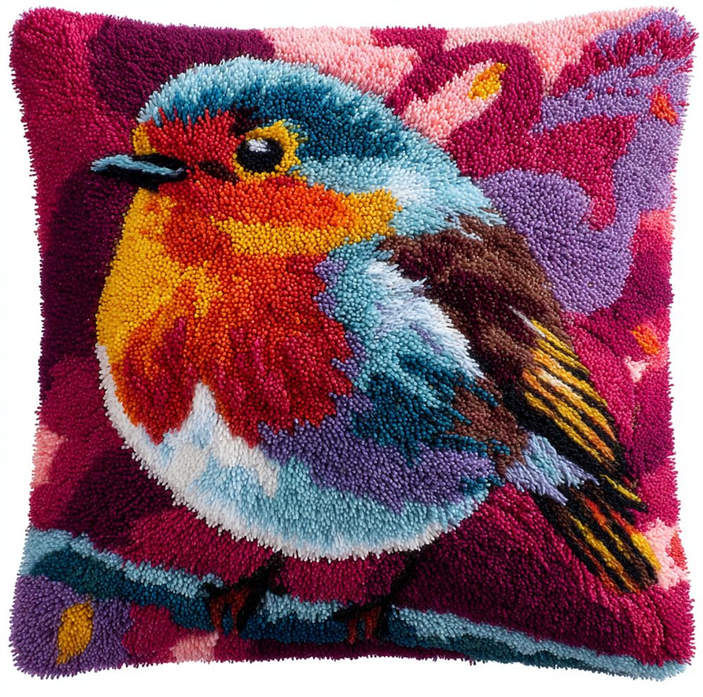 Rqwybcaxn Latch Hook Cushion Kits Robin Bird Latch Hook Pillow Case Kits Embroidery Kits 17X17Inch DIY Needlework Pillow Cover Sofa Cushion Rug Making Kits, DIY Craft Kits 17X17Inch
