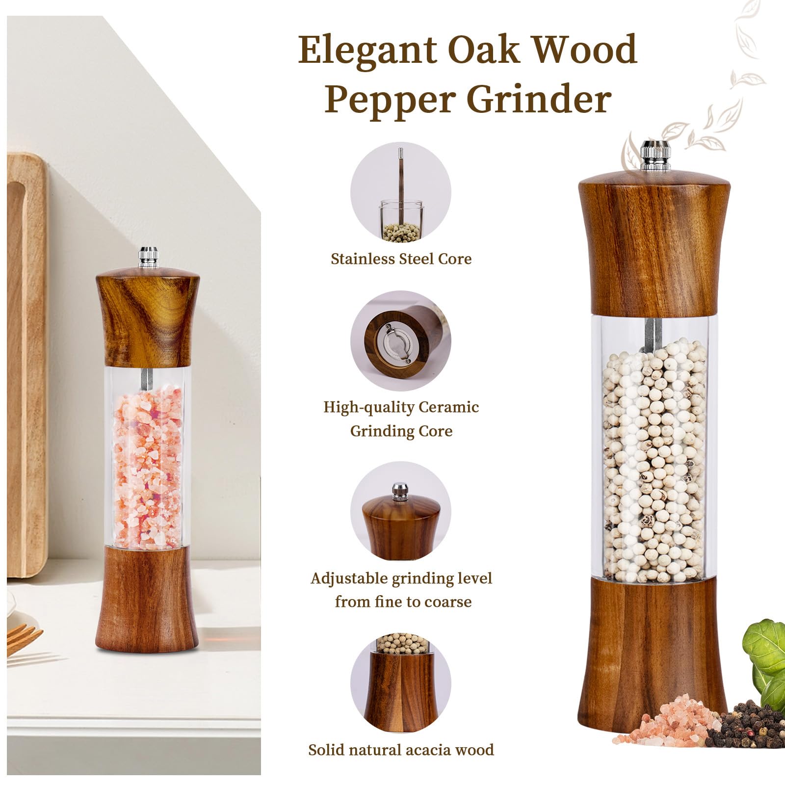 Acacia Wood Salt & Pepper Grinder Set - Premium Quality -3