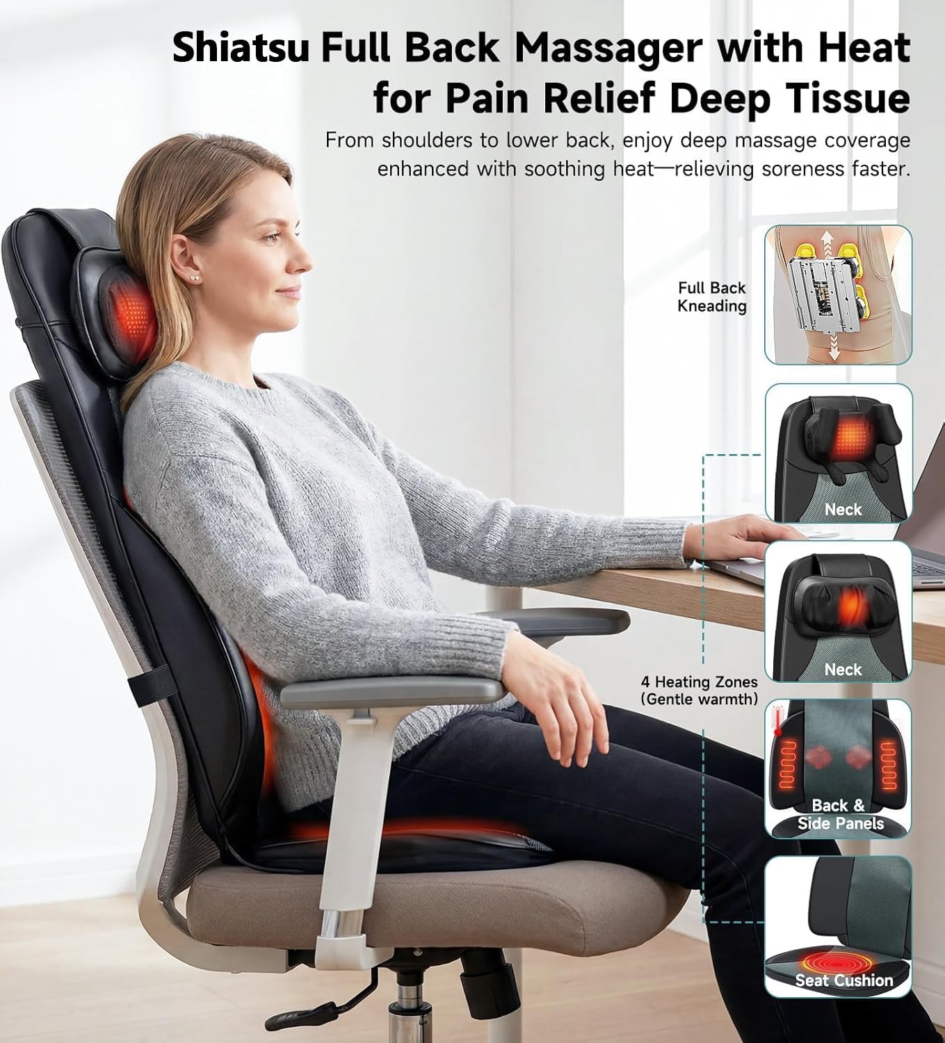 Shiatsu Neck and Back Massager for Chair with Heat, 2 Interchangeable Shiatsu Heads Finger-Grip & Kneading, Full Back Massage Pad Deep Tissue, Adjustable Height 3-Level Intensity for Office Home,Black