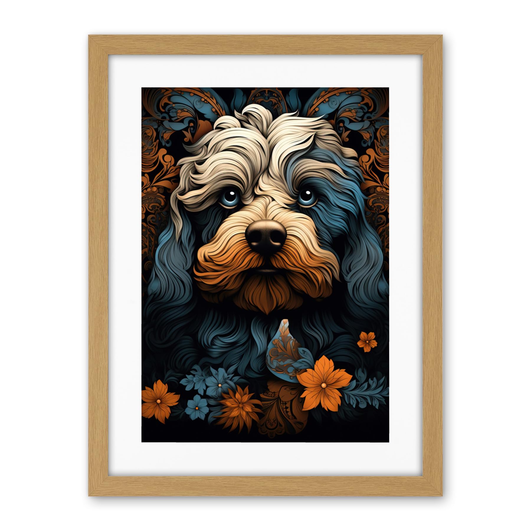 Artery8 Cockapoo Dog with Flower Patterns Art Nouveau Artwork Orange Blue Floral Portrait Design Artwork Framed Wall Art Print 18X24 Inch