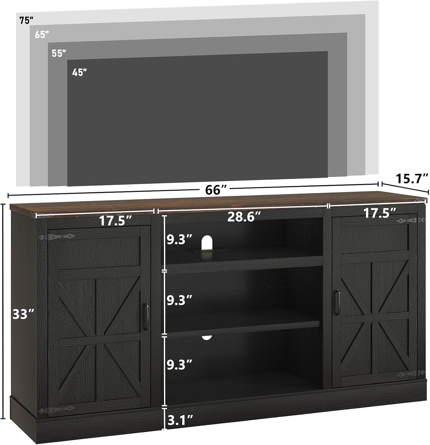 Hlivelood 66" Farmhouse TV Stand with Power Outlets for 75 Inch TVs, 33" Tall Entertainment Center with Storage Cabinets w/Adjustable Shelves, Rustic Large TV Media Console for Living Room, Black