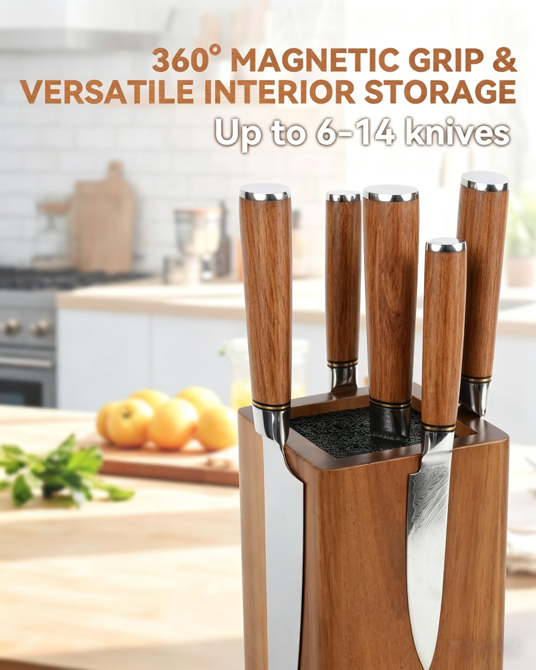 Ceppo magnetico per coltelli, girevole a 360°, universale, in legno, con quattro magneti laterali ultra forti, scaffale per coltelli con setole rimovibili, portaoggetti multifunzionale per