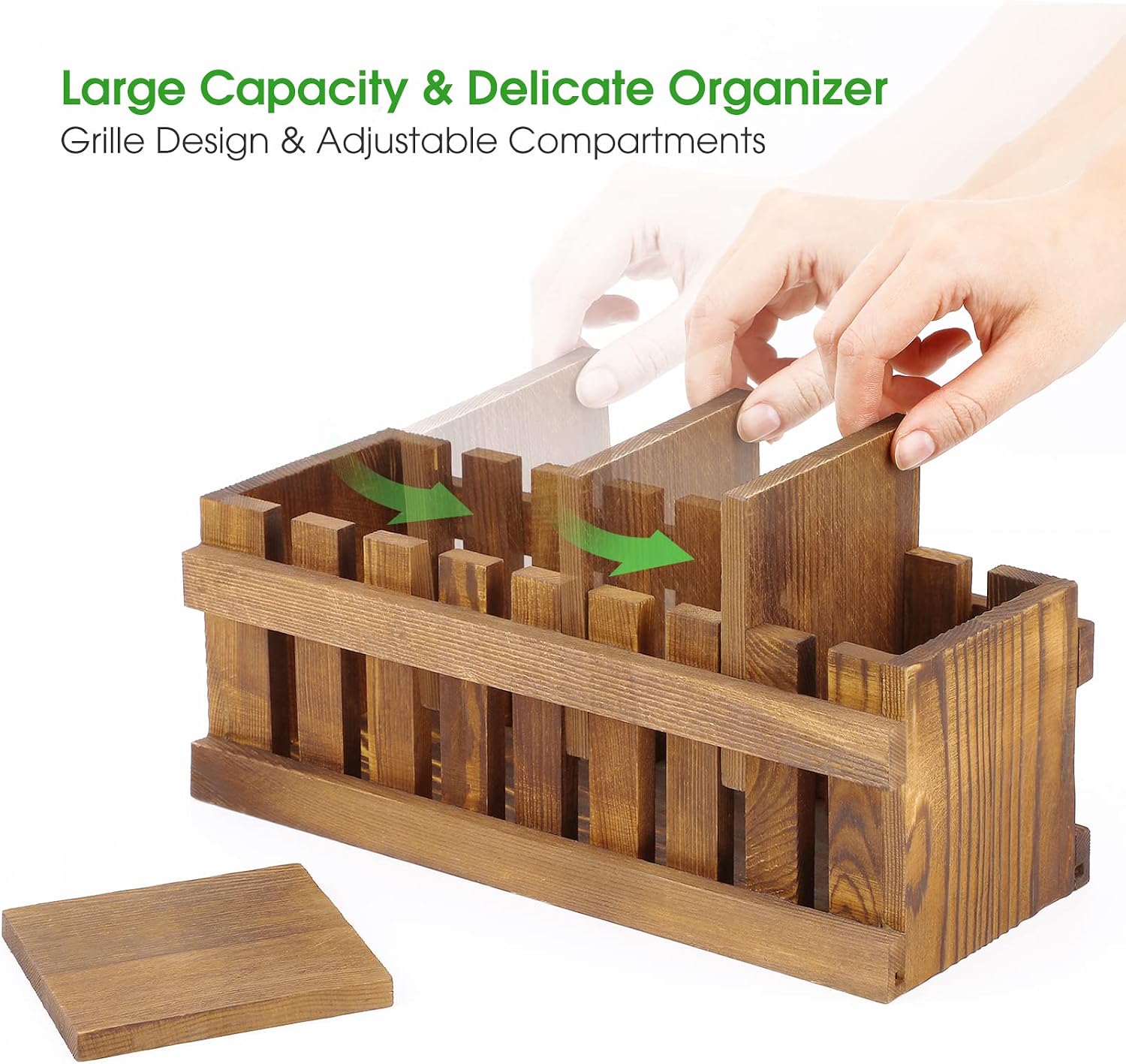 MaxGear Pen Holder Wood Pencil Holder Remote Control Holder Multi-Functional Desk Organizer with 3 Adjustable Compartments for Office Supplies, Art Supplies, School Things, 11 x 4.5 x 4 inch