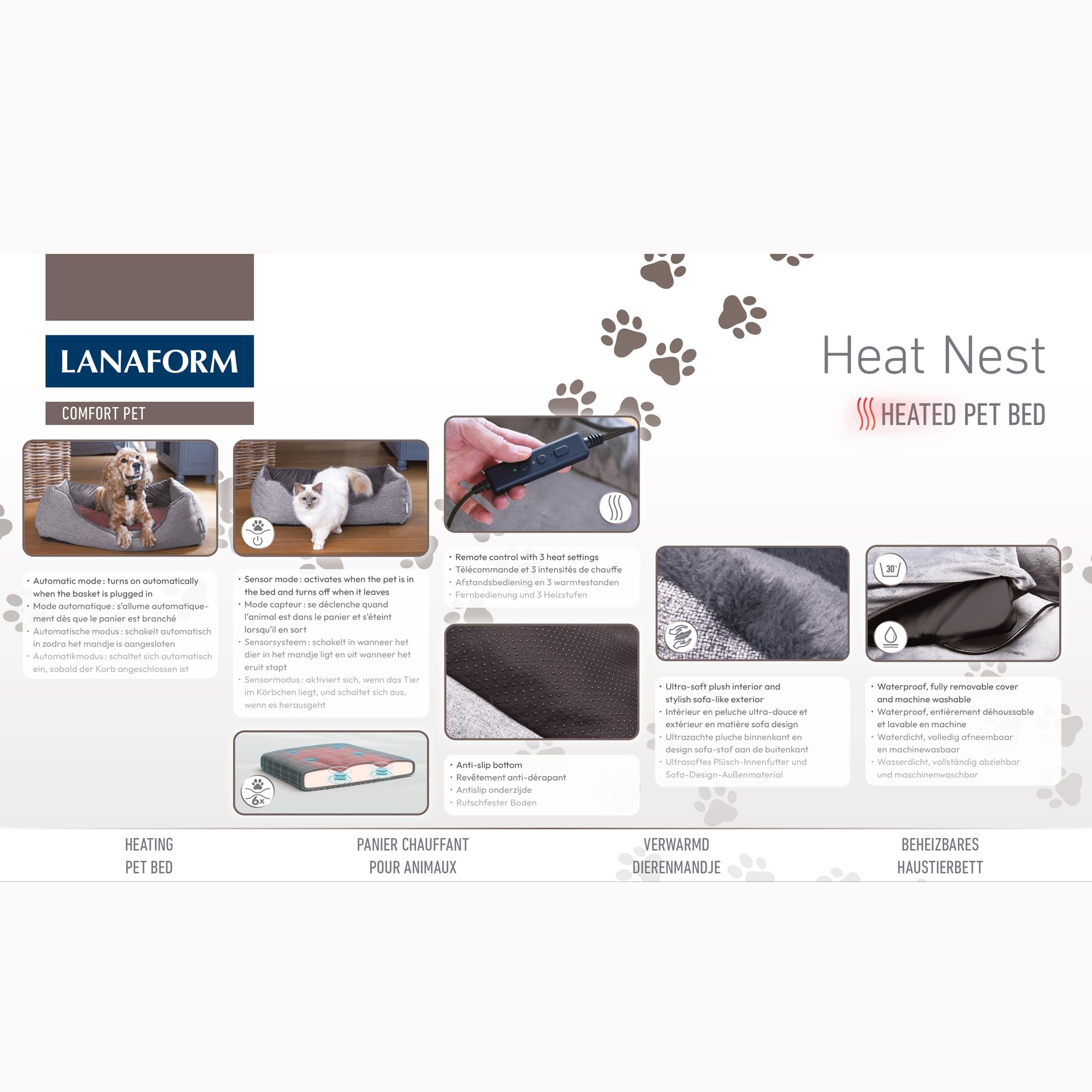 Heat Nest - Cama Calefactable Perro Gato - Cama Térmica Mascotas - Cojín Calor 3 Niveles - Nido Invierno Waterproof - Detección Inteligente Presencia – Cesta Lavable Suave Confort