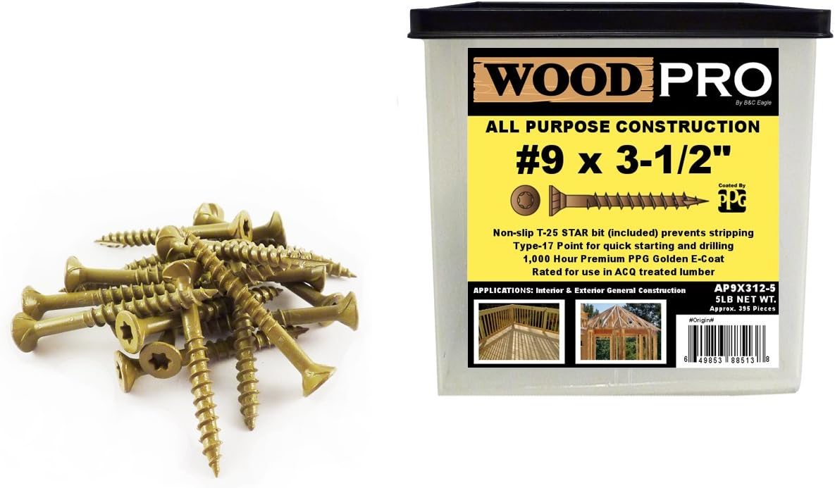 WoodPro Fasteners AP9X312-5 T25 5-Pound Net Weight 9 by 3-1/2-Inch All Purpose Wood Construction Screws, 395-Piece, Gold