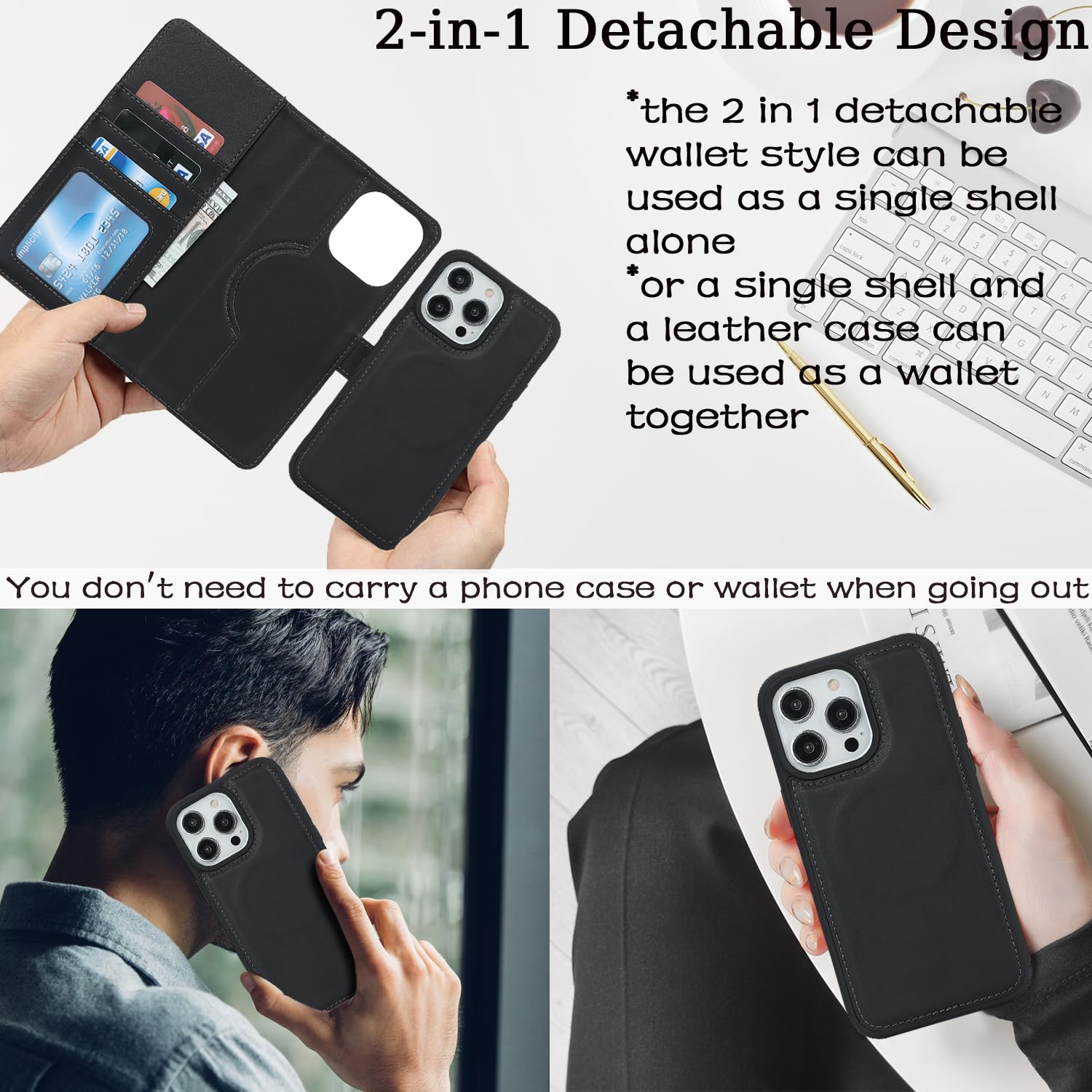 ?????? for iPhone 15 Pro Max Case wallet magsafe compatible iPhone 15 Pro Max case with Card Holder Detachable Magnetic case flip folio leather Cover for men and women-Black