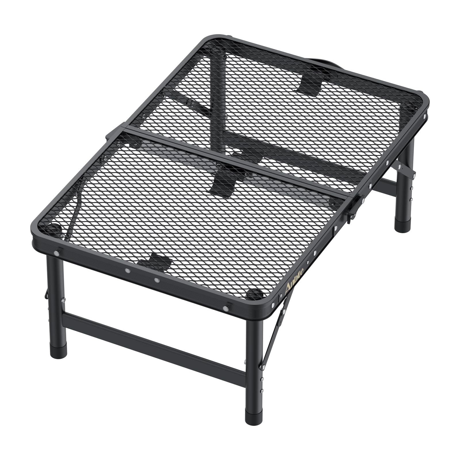 Anbte Mesa Plegable Camping 58 x 40 x 26-48-70cm, Mesa Exterior BBQ Portátil de Malla Metálica Impermeable 3 Altura Ajustable para Exterior/Barbacoa/Jardín/Playa Color Negro