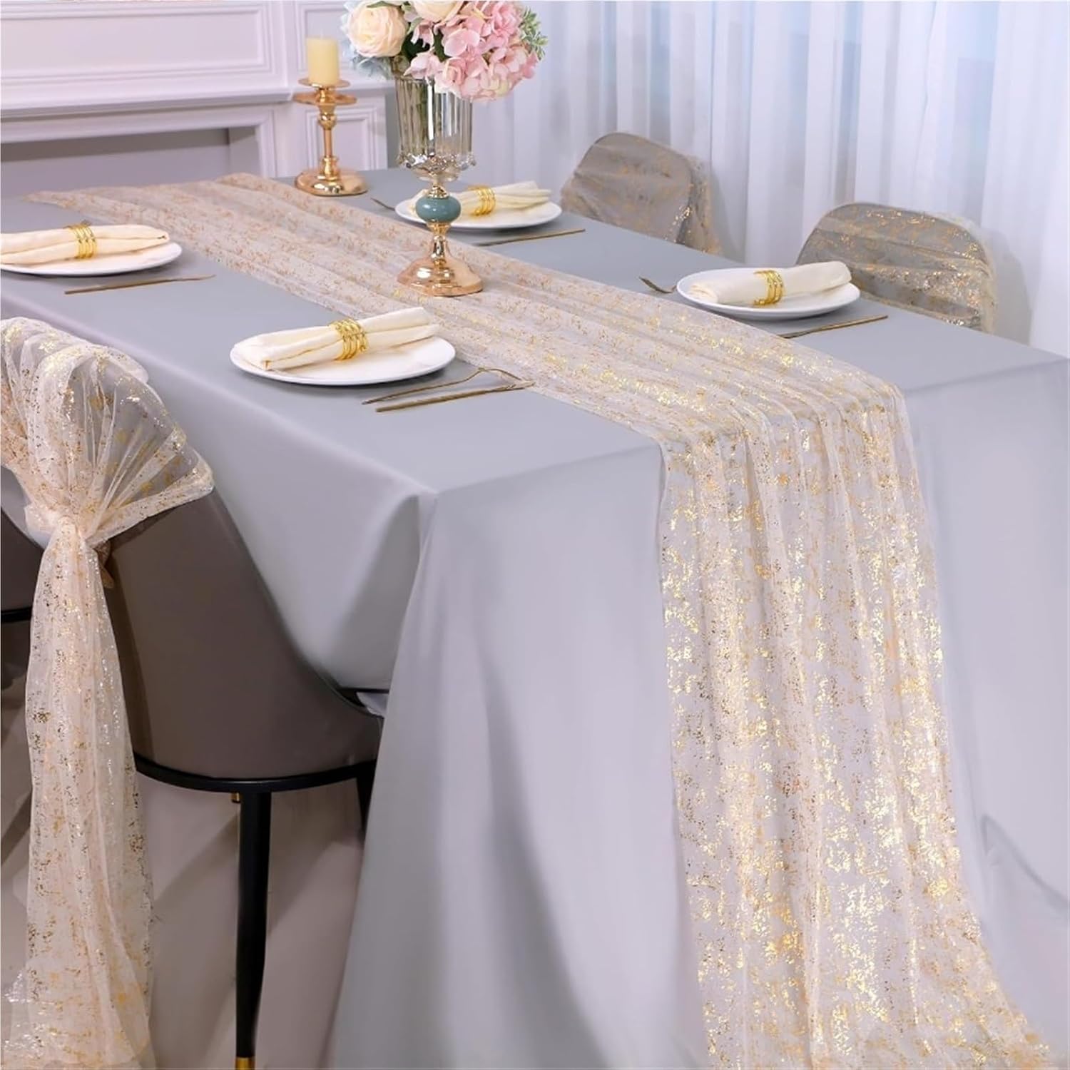 Table Runner for Home Decor 10 Ft Table Runner Sheer Gauze Chiffon Tulle Cheesecloth with Golden Sequin Glitter Metallic Foil for Elegant Home Wedding