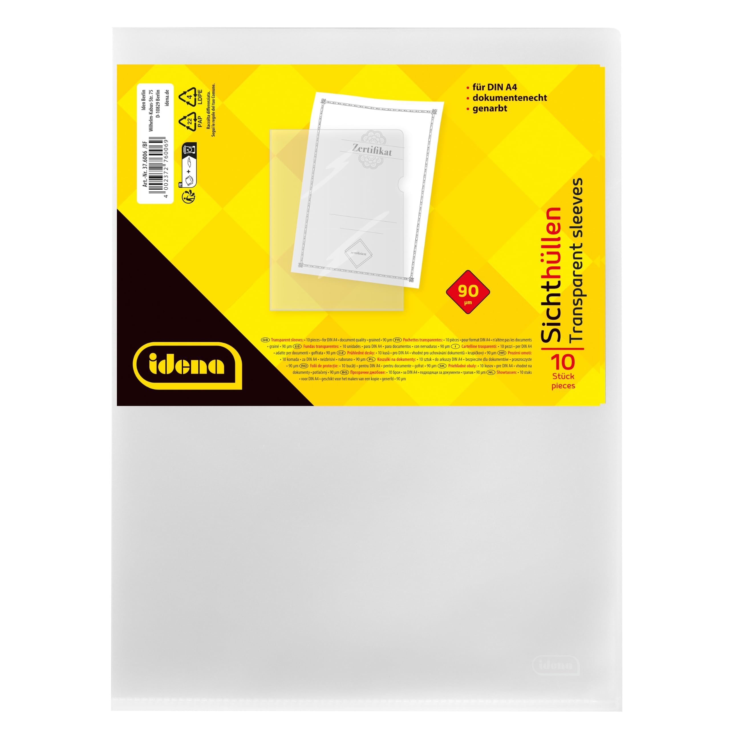 Idena 376006 - Sichthülle DIN A4, genarbt, dokumentenecht, Folienstärke 90µ, 10 Stück
