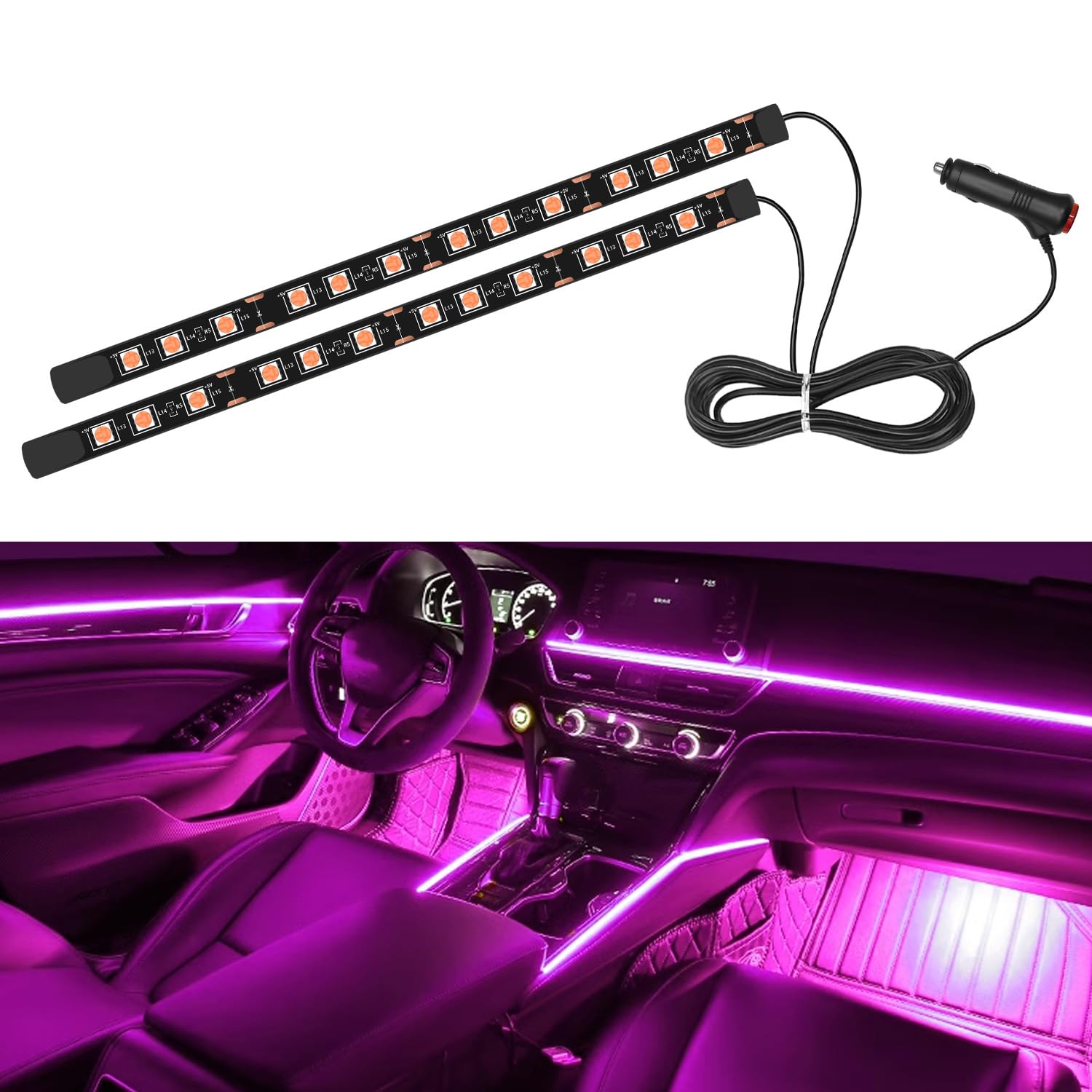 Interior Car Light,Car LED Ambient Lighting Strip Light Neon Interior Atmosphere Lights, 12V Cigarette Adapter Plug Auto Interior Under Dash Floor Ambient Night Light Decorative Lamp (Pink)