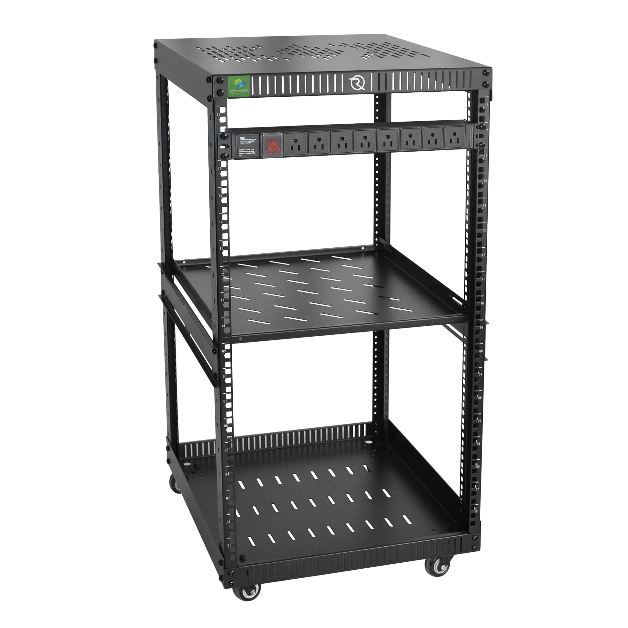 RIVECO Rack réseau 18U avec roues pour serveur, armoire à cadre ouvert stéréo avec couvercles supérieurs et inférieurs ventilés, poteaux à trous carrés disponibles