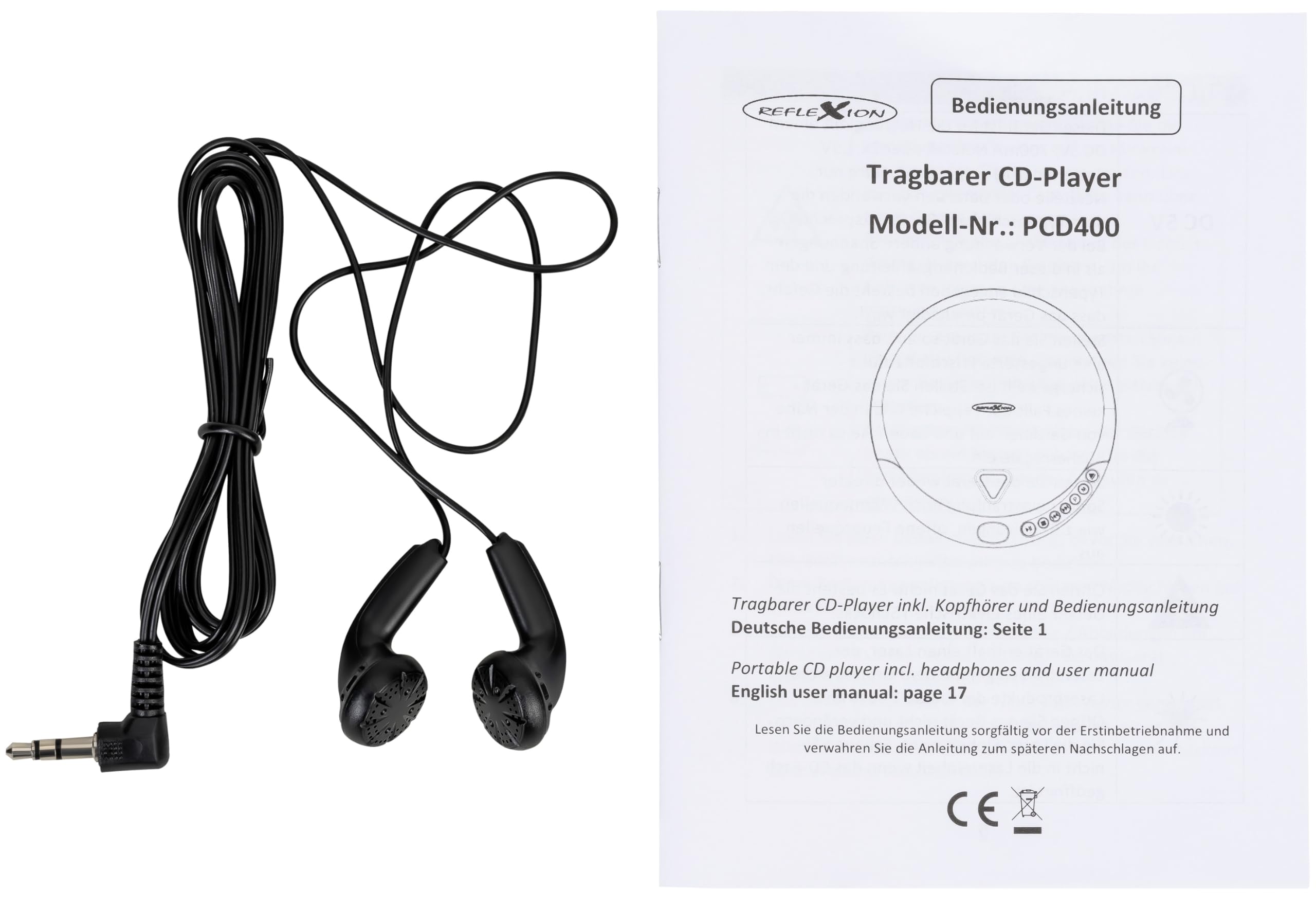 PCD400 tragbarer CD-Player, Wiedergabe von CD, CD-R, CD-RW inkl. Ohrhörer + Netzbetrieb möglich