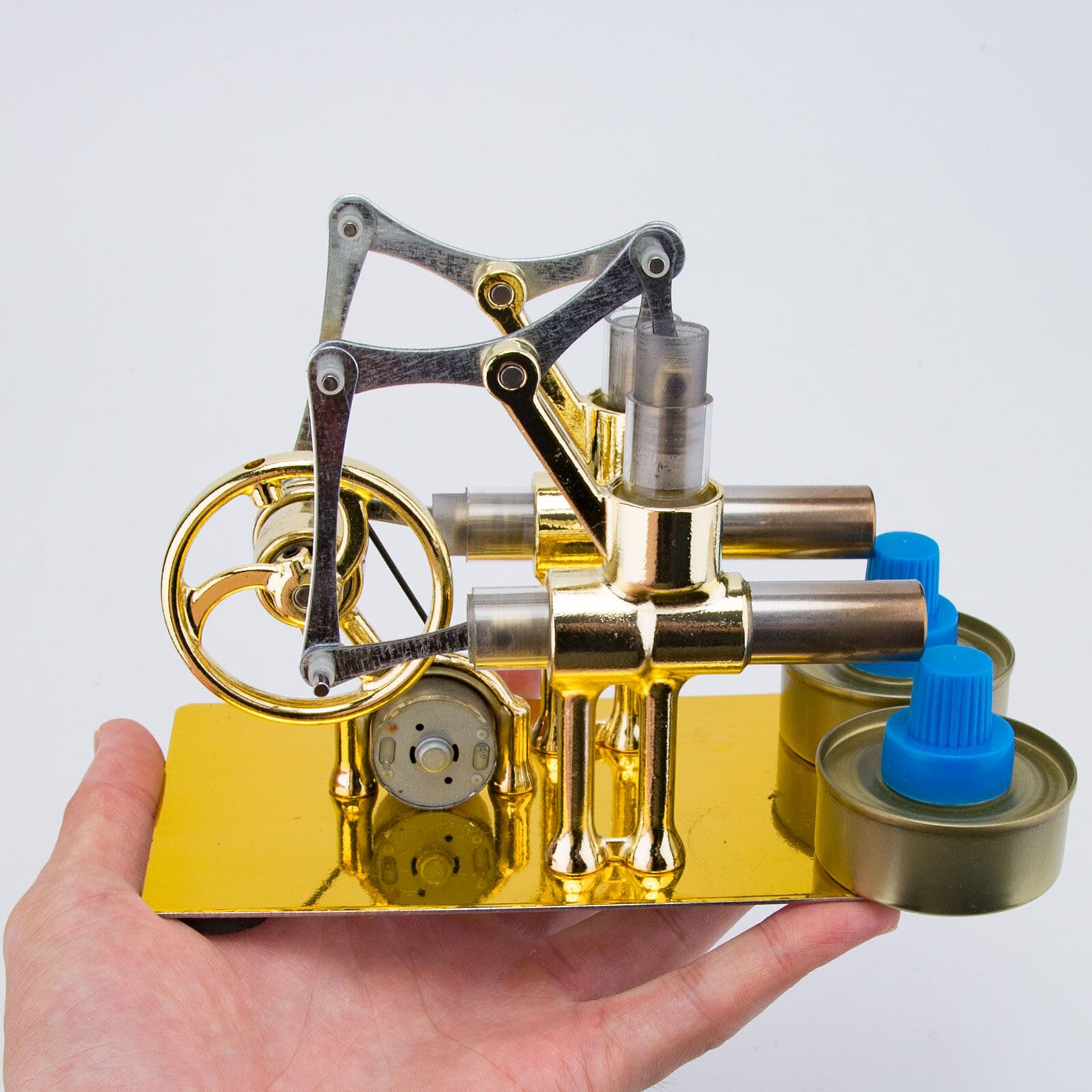 Stirling Modèle de moteur à vapeur à cylindre chaud en métal, modèle de moteur à gros piston à deux cylindres, à combustion externe, moteur thermique (couleur de l'ampoule aléatoire)
