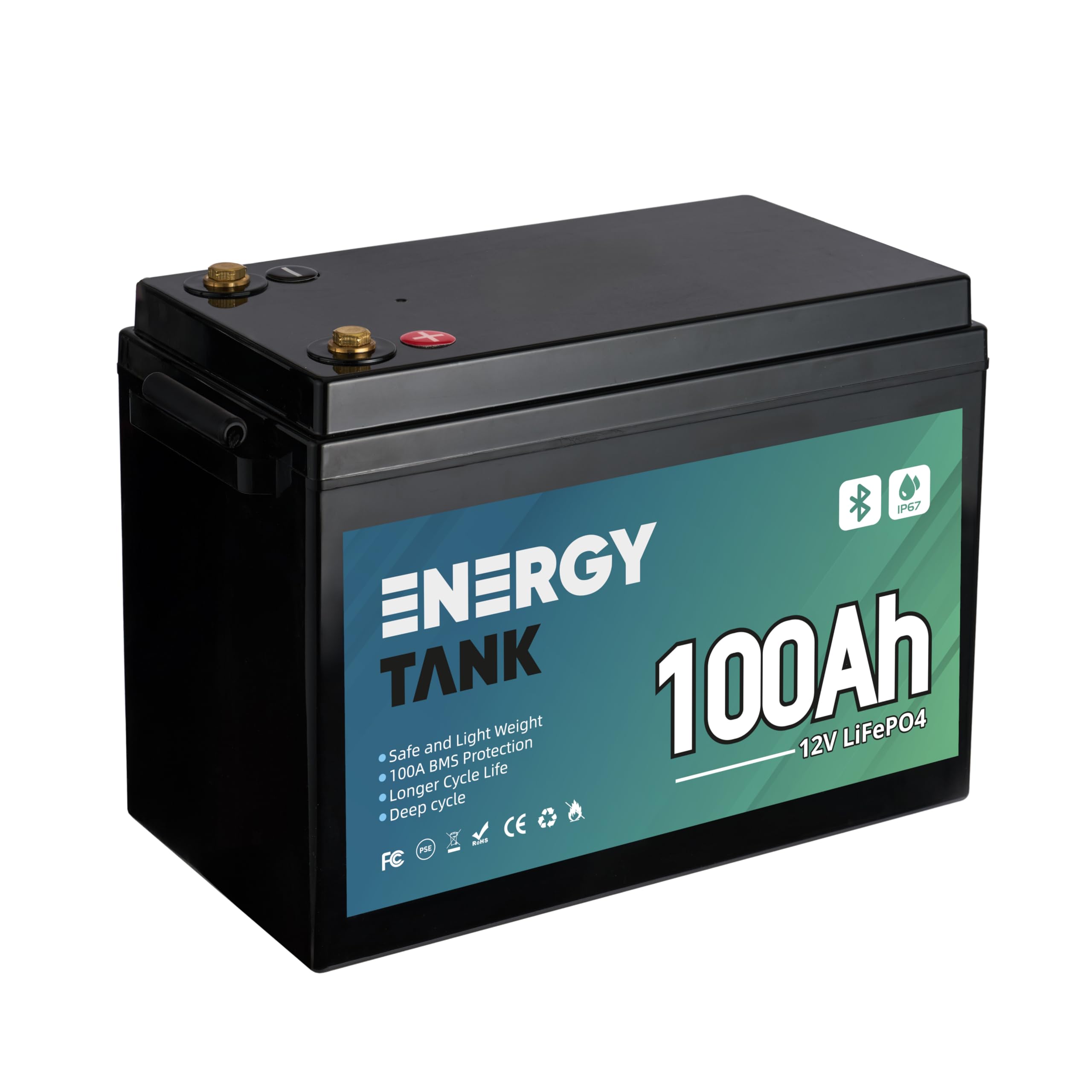 Batteria LiFePO4 12V 100Ah Smart Bluetooth con BMS Integrato IP67 | Batteria al litio ferro fosfato a ciclo profondo, oltre 3000 cicli e capacità utile al 100%