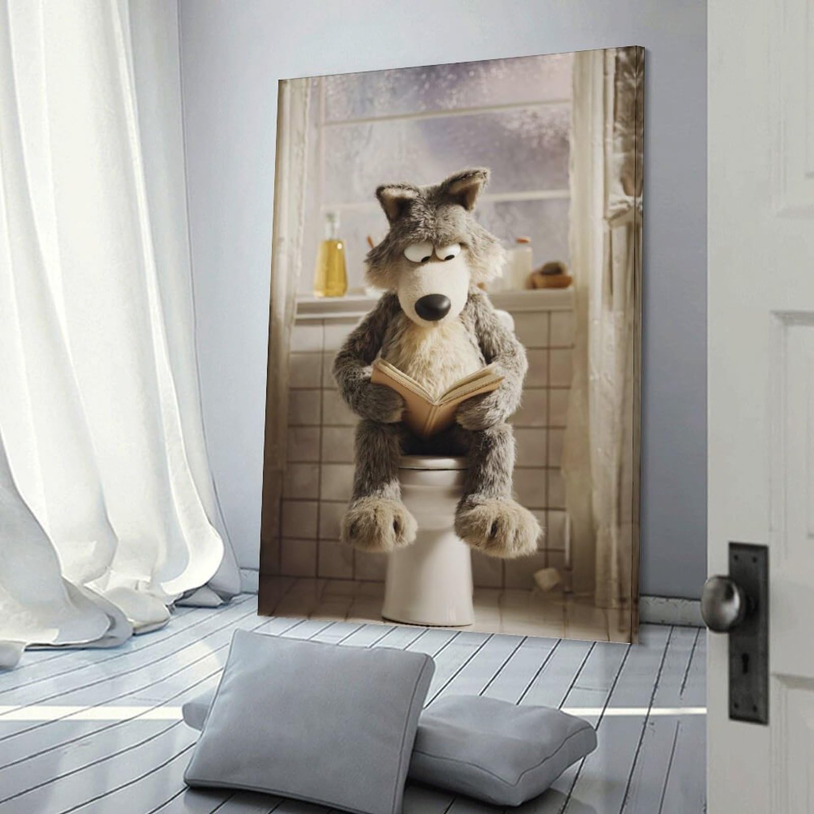 Junmoney Frame-Style-1 Wall Picture Print Wolf Reading On A Toilet Poster, Picture, Metal Print, Paint By Creed, 12X18inch(30X45cm), For Living Room, Lounge Or Sitting Room, Modern Wall Decor For Cosy Interiors