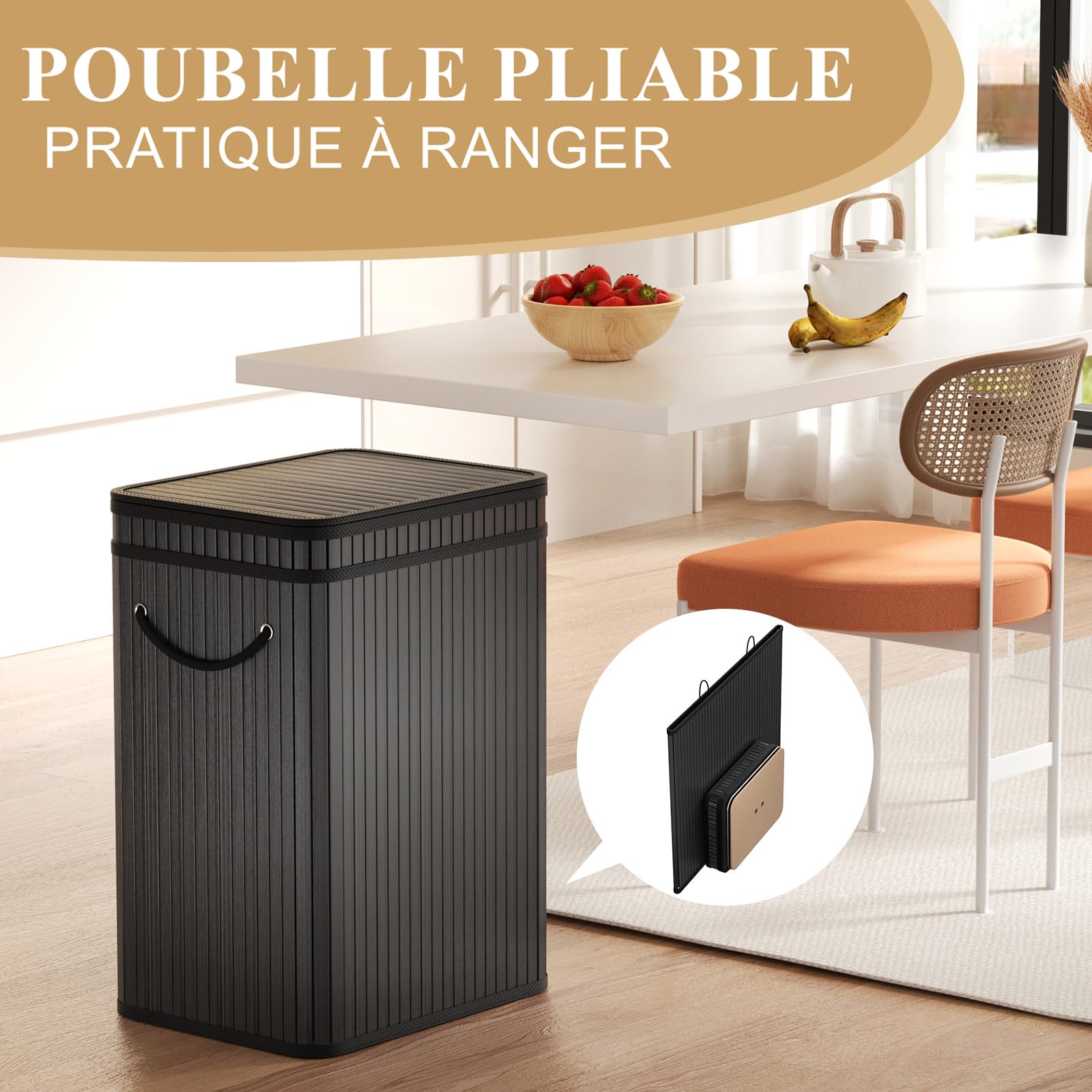 Mihoho Grande poubelle de 80 litres avec couvercle, corbeille/panier à déchets en bambou, poubelle d'extérieur pour la maison, le bureau, la salle de bain, la cuisine 40X30X60 CM (noir)