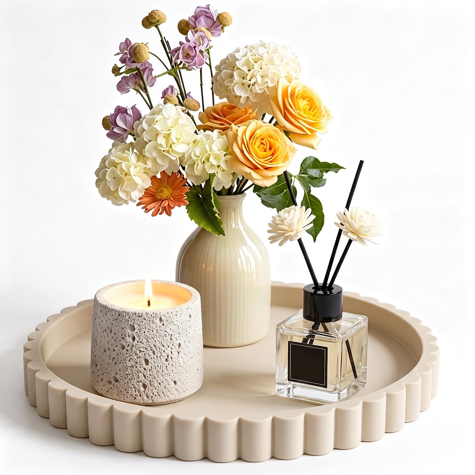 JNCST Decorative Trays for Home Decor, 23cm Scalloped Wavy & Round Display Plate, Silicone Cosmetic Tray Vanity Organiser, for Candle holder, Lotion Bottles, Perfume, Jewelry Storage (Beige,Scalloped)