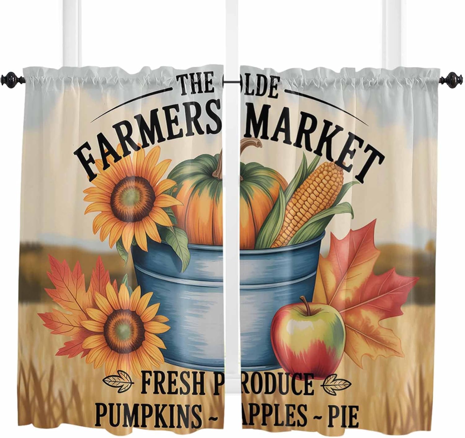 Orange Pumpkins Fall Kitchen Curtains, Thanksgiving Sunflower Maple Country Corns Light Filter Window Curtain, 2Pcs Rod Pocket Window Treatments Set for Living Room Bathroom Bedroom 42x63 Inches