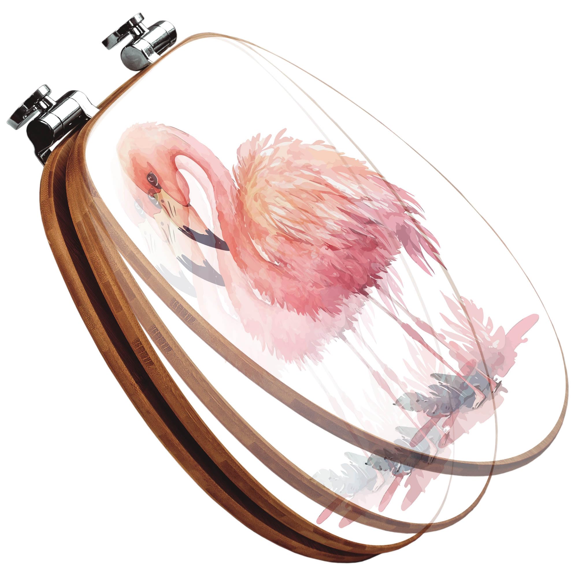 banjado Design WC Sitz Bambus Absenkautomatik 45,8x37,5cm - Toilettendeckel mit Absenkautomatik Holz - hochwertiger Bambus Klodeckel - WC-Sitz für gängigen Toiletten - Motiv Aquarell-Flamingo klein