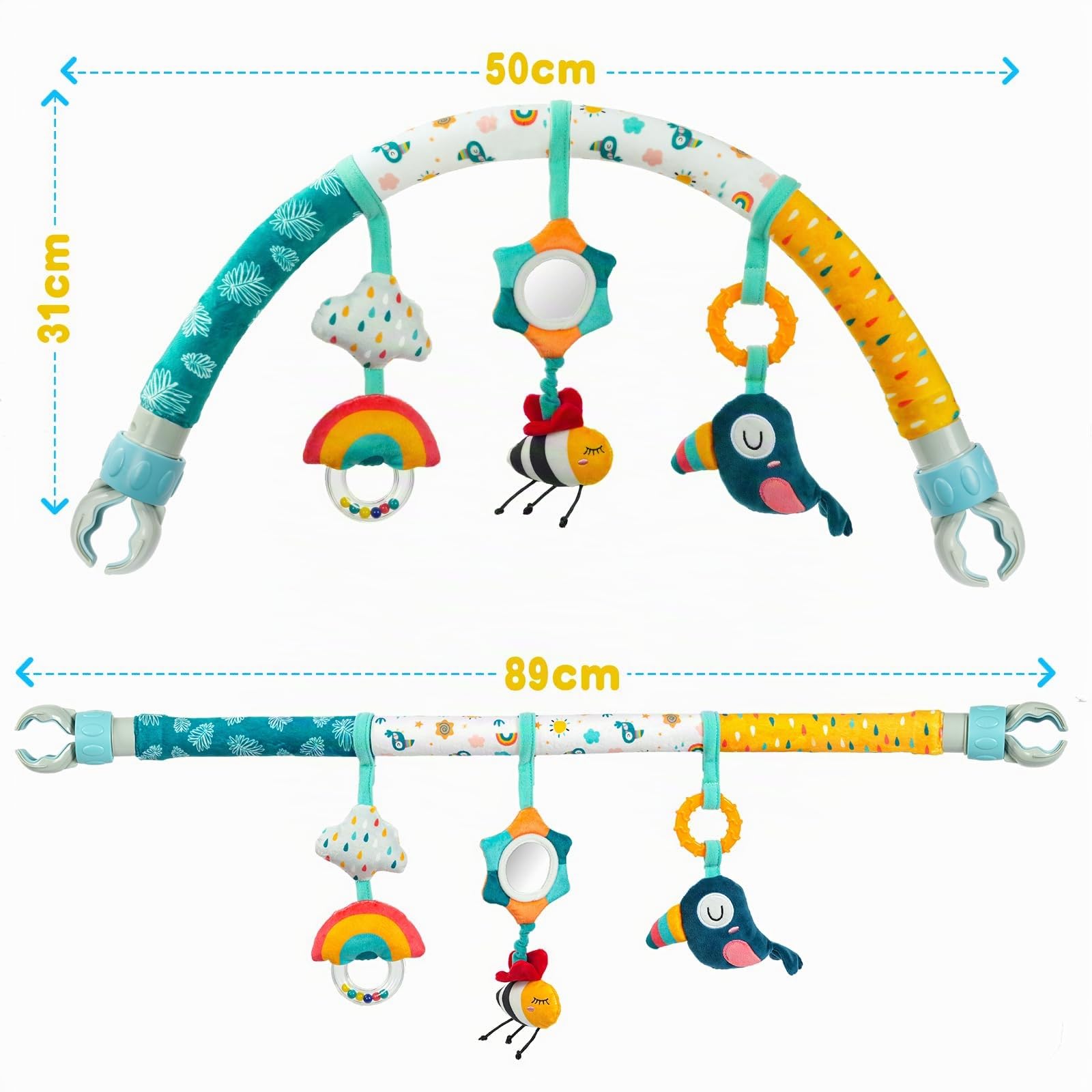 Aomig Giocattolo Passeggino Clip, Regolabile Giocattolo Carrello Bambino con Sonaglio, Giocattolo per Passeggino Rimovibile, attività Appendere Giocattoli, Arco Giochi Educativi