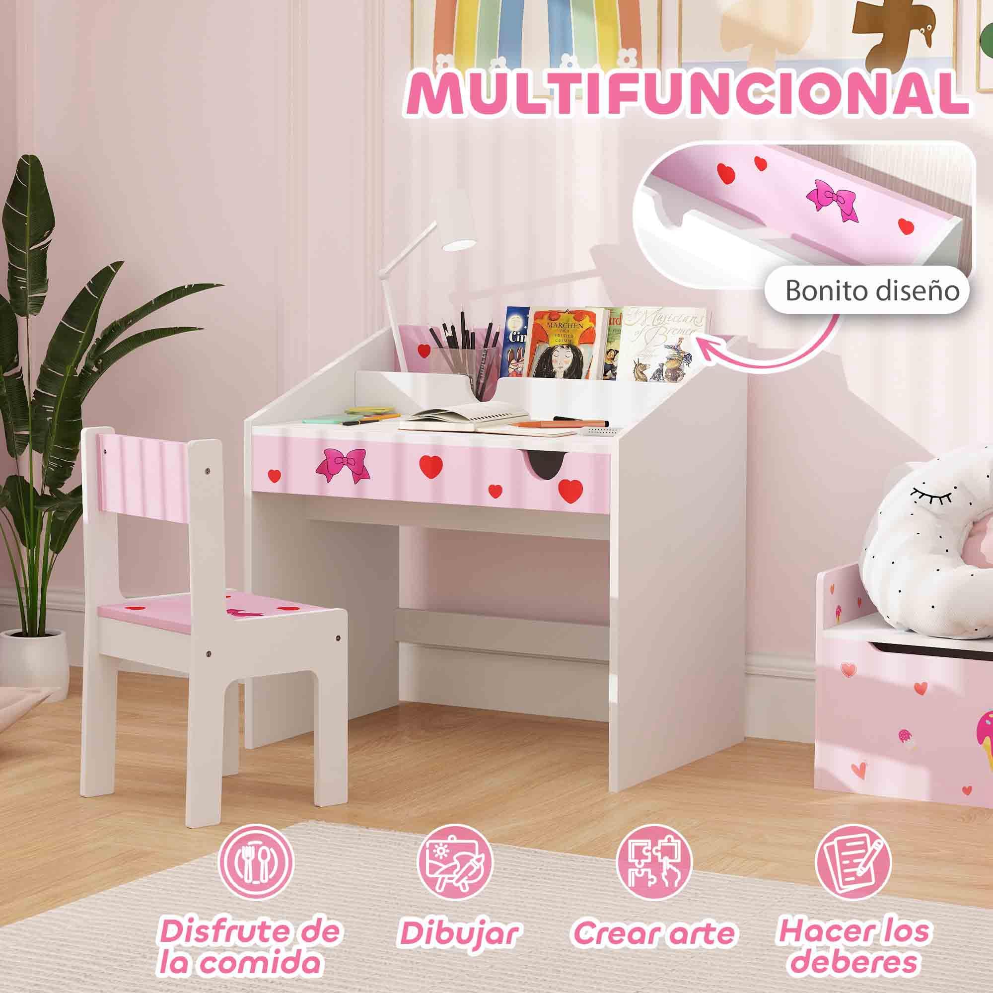 AIYAPLAY Set di scrivania e sedia per bambini +3 anni Scrivania per bambini con cassetto estraibile e scomparto per la camera da letto e la sala studio Rosa e bianco