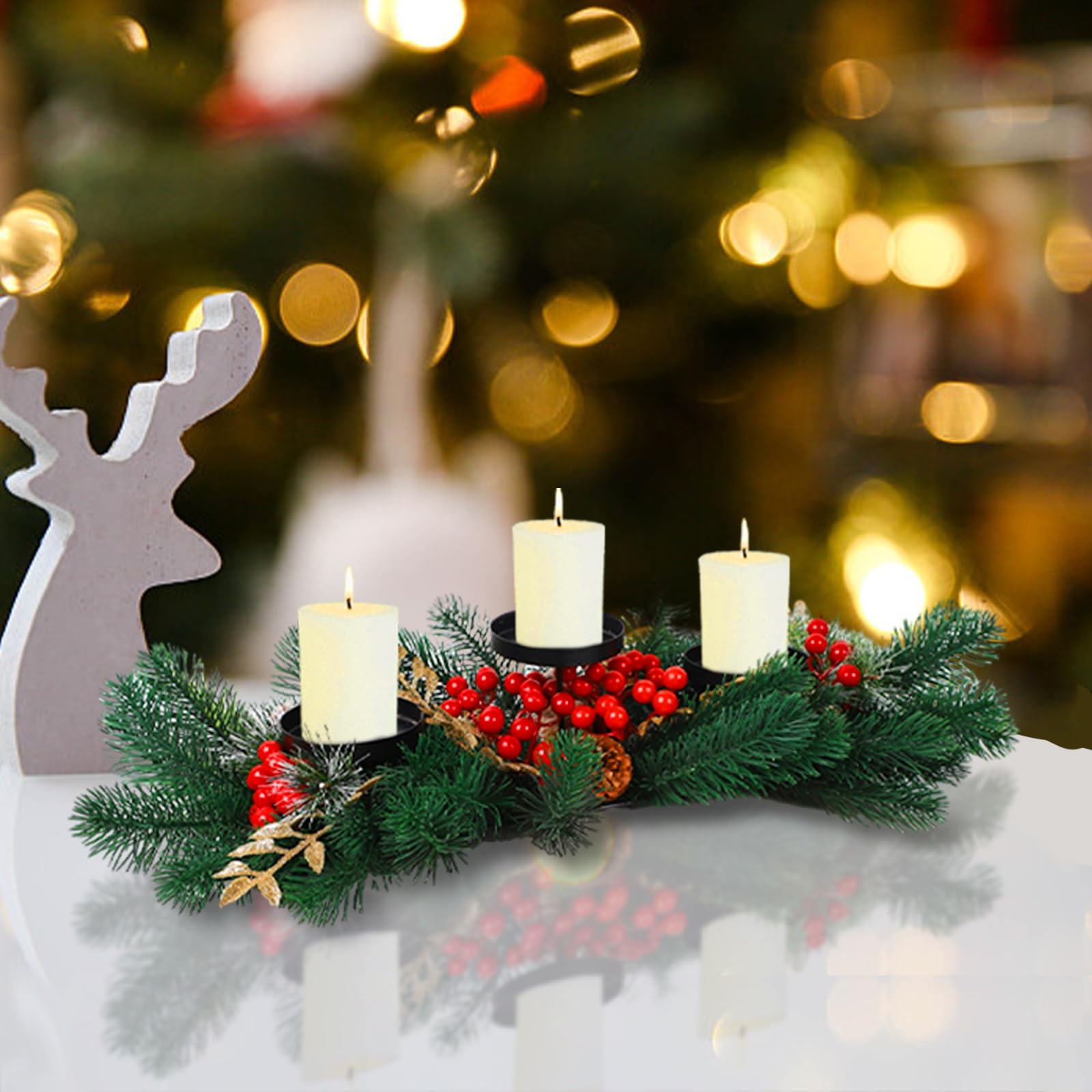 MorTime Christmas Centerpiece with 3 Candle Holders, Xmas Tabletop Decor with Red Berries Pine Cones with Steel Base for Indoor Home Table Christmas Decoration