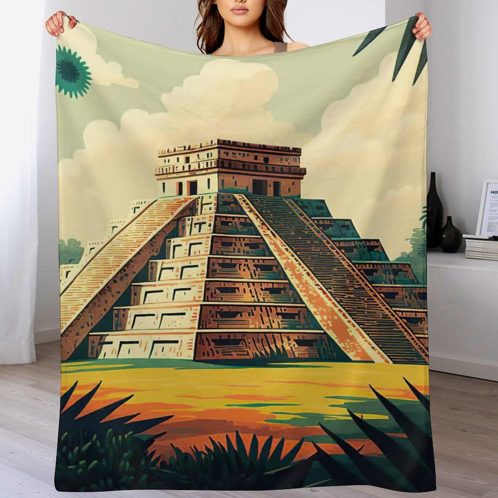 Couverture Canapé Chichen Itza en flannel moelleuse supérieure, jeté décoratif haut de gamme