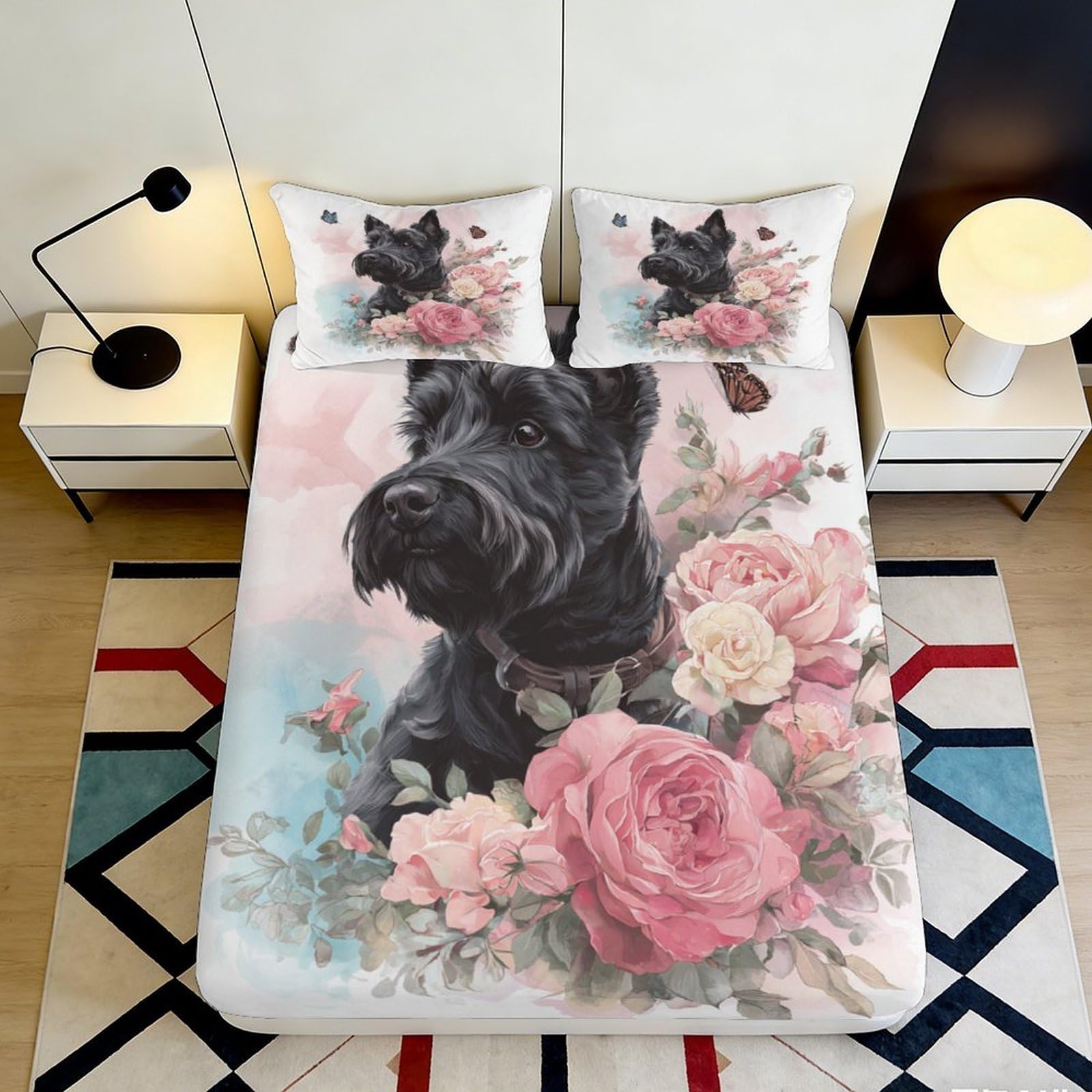 3D Printed Floral Dog Fitted Sheet Microfiber Deep Pocket Non-Slip Bedroom Floral Dog Mattress Fitted Cover Washable 90x200x25cm