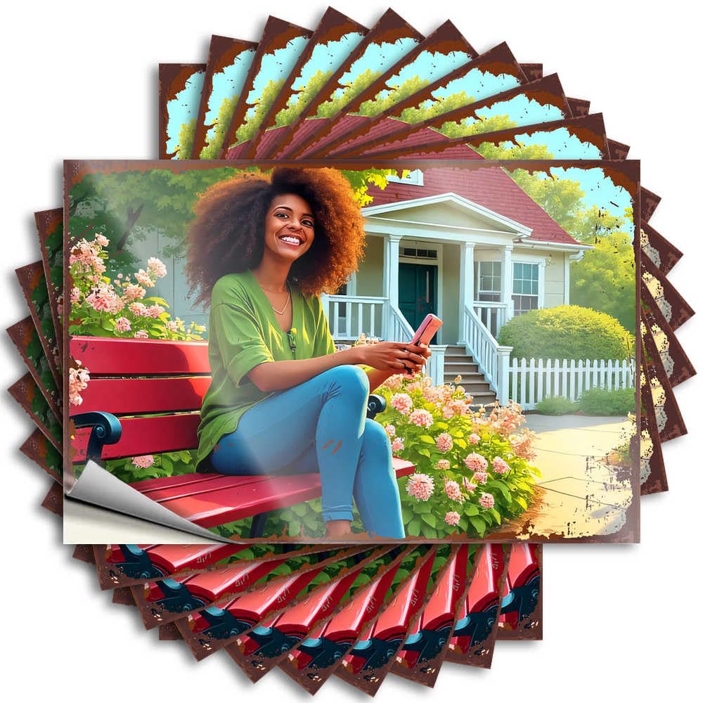 Saying Punk, Girls Helmet Smiling Woman Enjoying Spring Flowers On Red Bench | Tiki Decorations(8X12CM)