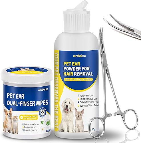 Herramienta de depilación de orejas de perro, tratamiento de infección de orejas de perro con pinzas curvadas de 5.5 pulgadas, toallitas para dedos